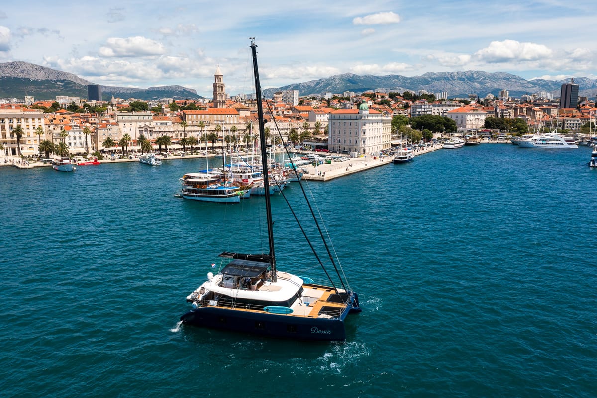 Exterior view of Dessus, a Sunreef Yachts Sunreef 60 catamaran at Grad Kaštela, Croatia