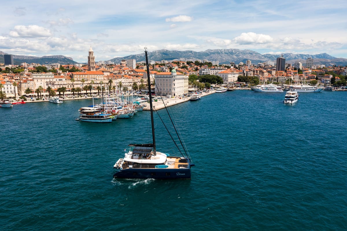 Exterior view of Dessus, a Sunreef Yachts Sunreef 60 catamaran at Grad Kaštela, Croatia