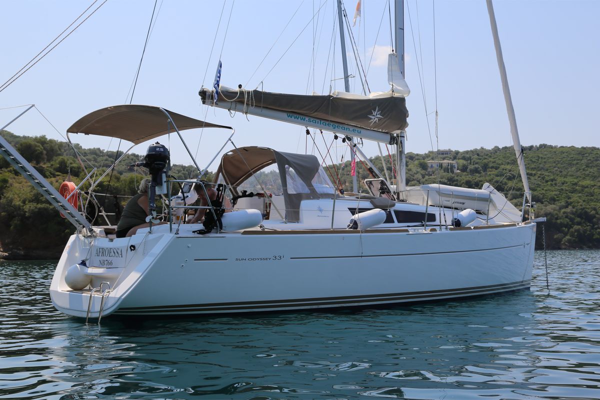 Exterior view of Afroessa, a Jeanneau Sun Odyssey 33i sailboat at Loutraki, Greece