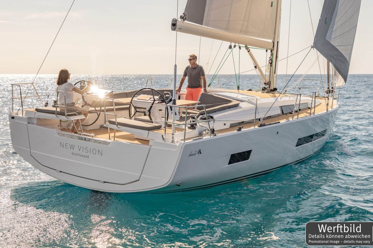 Exterior view of Antares, a Hanse Yachts Hanse 460 sailboat at Palma de Mallorca, Spain