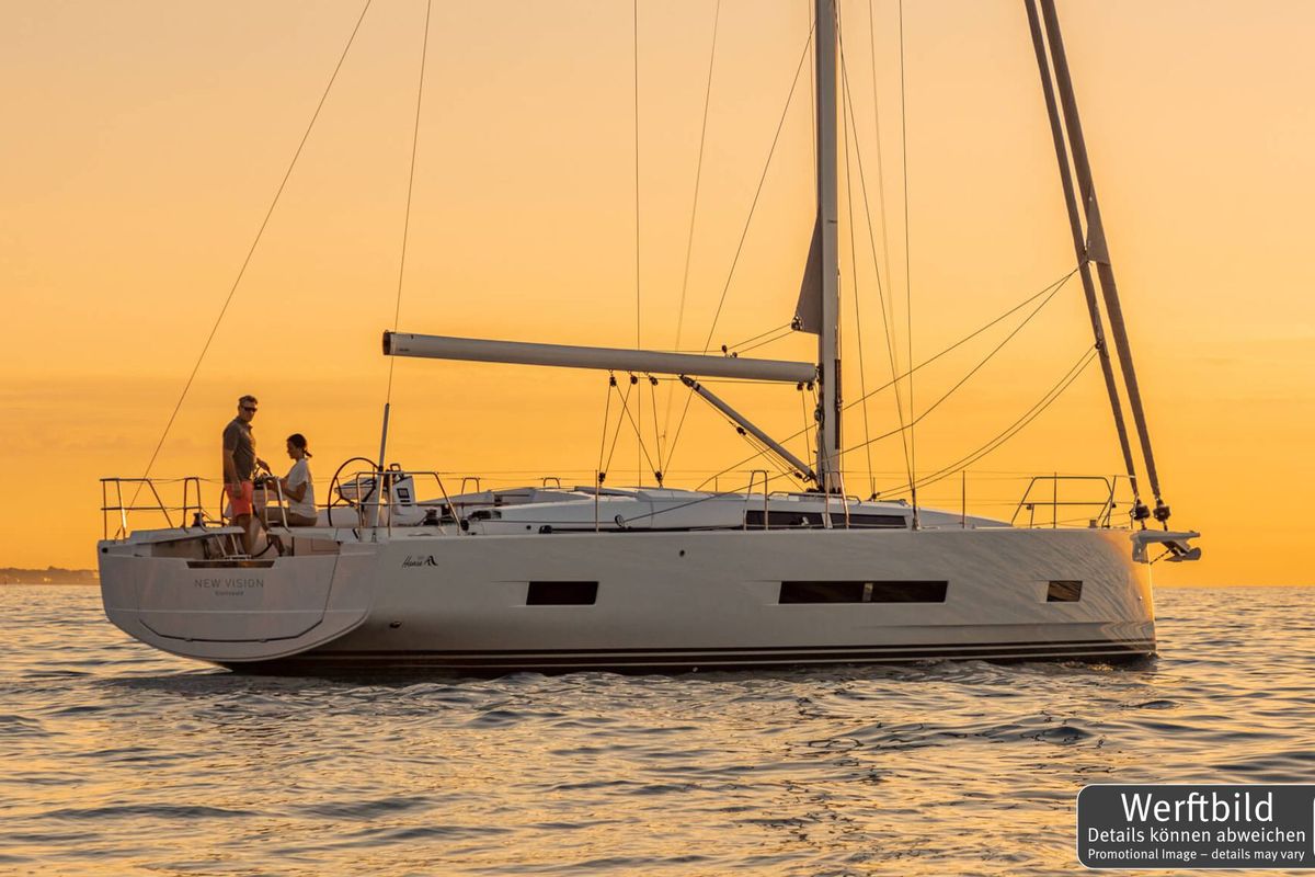 Exterior view of Antares, a Hanse Yachts Hanse 460 sailboat at Palma de Mallorca, Spain