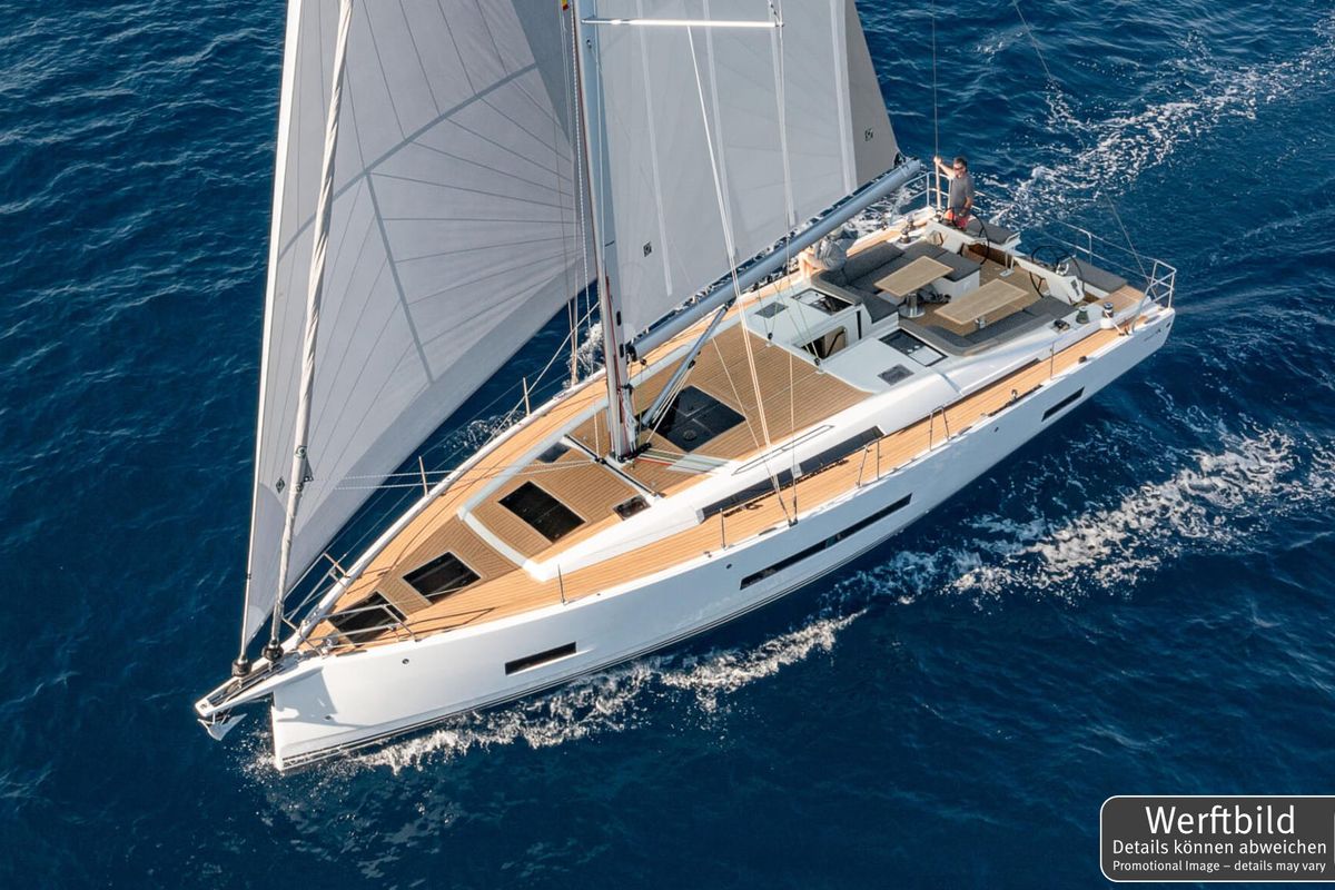 Exterior view of Antares, a Hanse Yachts Hanse 460 sailboat at Palma de Mallorca, Spain
