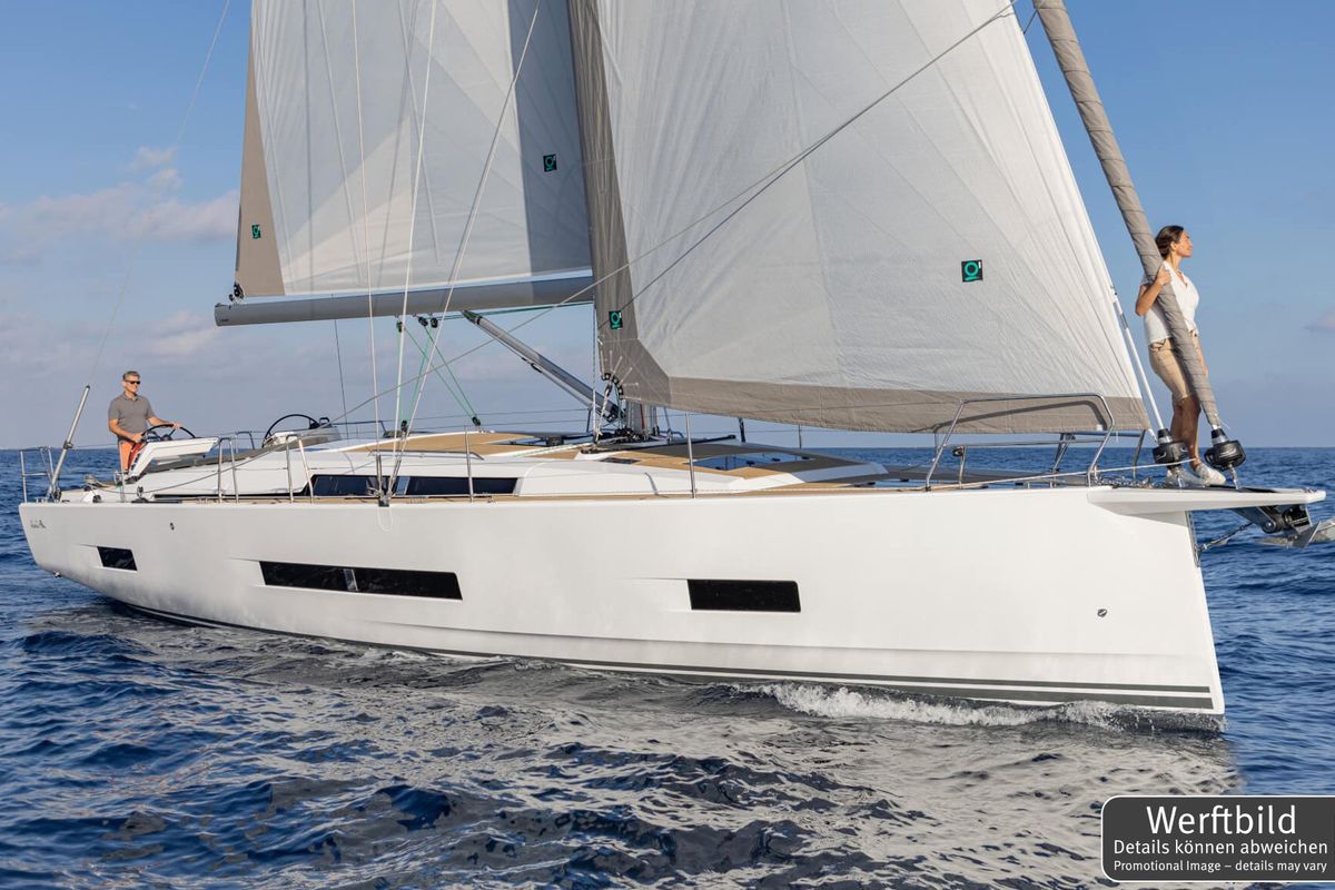 Exterior view of Antares, a Hanse Yachts Hanse 460 sailboat at Palma de Mallorca, Spain