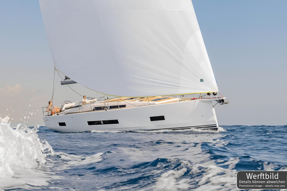 Exterior view of Antares, a Hanse Yachts Hanse 460 sailboat at Palma de Mallorca, Spain