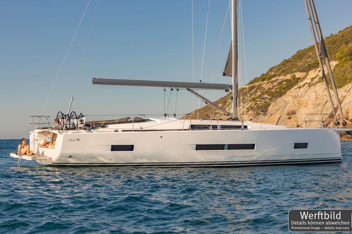 Exterior view of Antares, a Hanse Yachts Hanse 460 sailboat at Palma de Mallorca, Spain