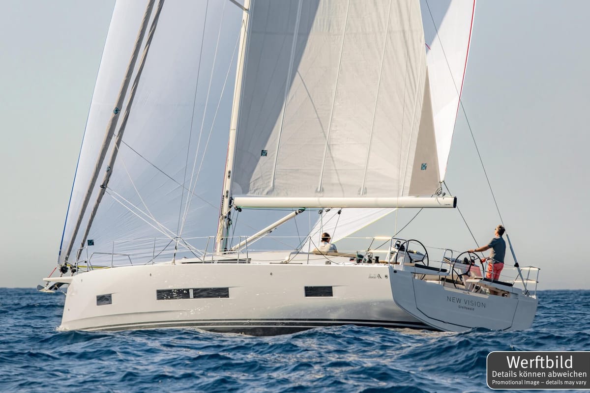 Exterior view of Antares, a Hanse Yachts Hanse 460 sailboat at Palma de Mallorca, Spain