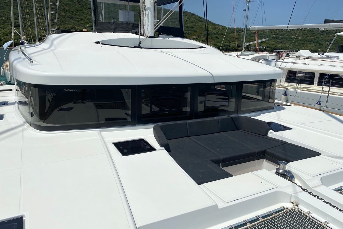 Deck of Naka, a Lagoon 52F catamaran at Tonnarella, Italy