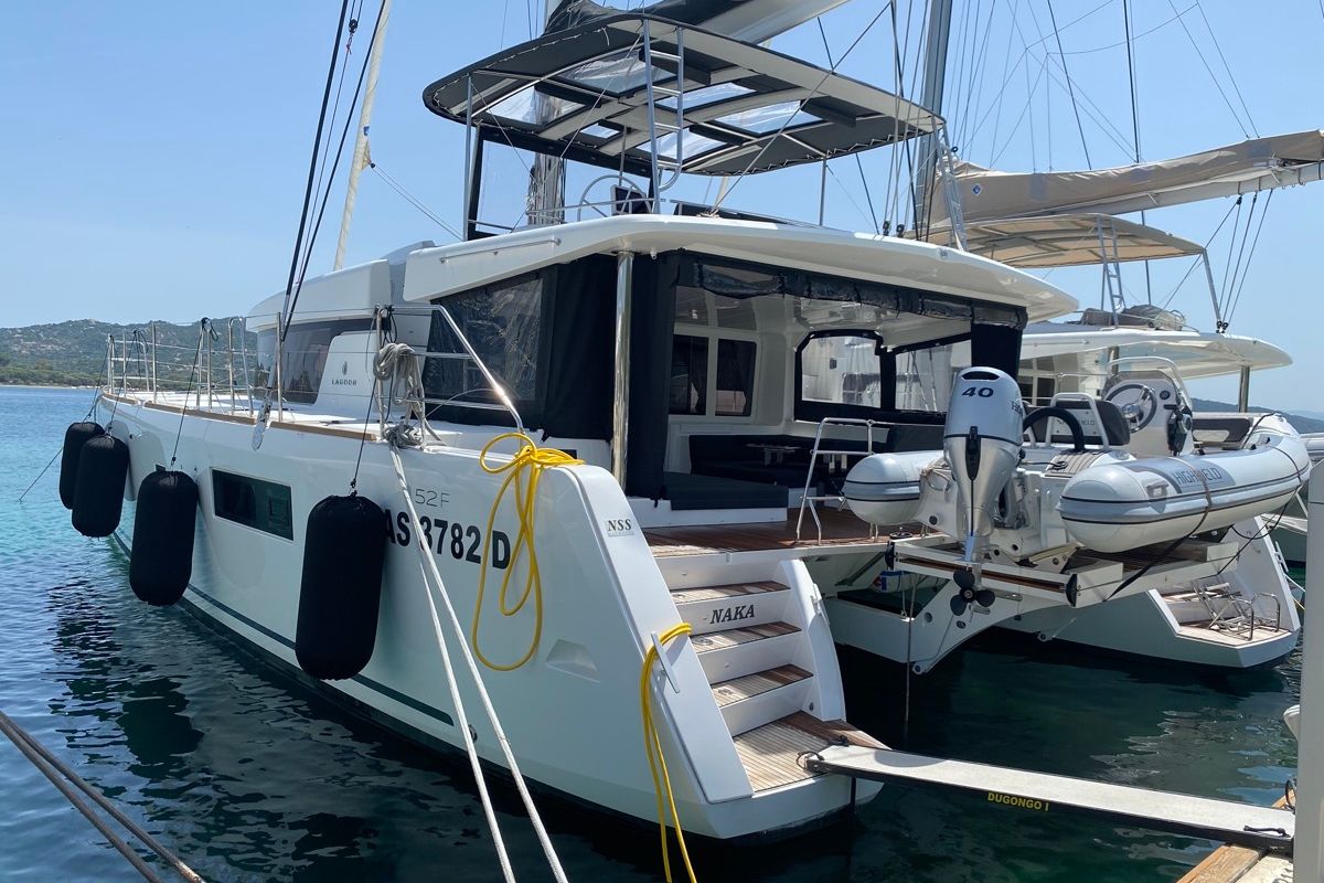 Exterior view of Naka, a Lagoon 52F catamaran at Tonnarella, Italy