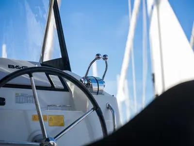 Cockpit of L'Avventura, a Lagoon 40 catamaran at Athens, Greece