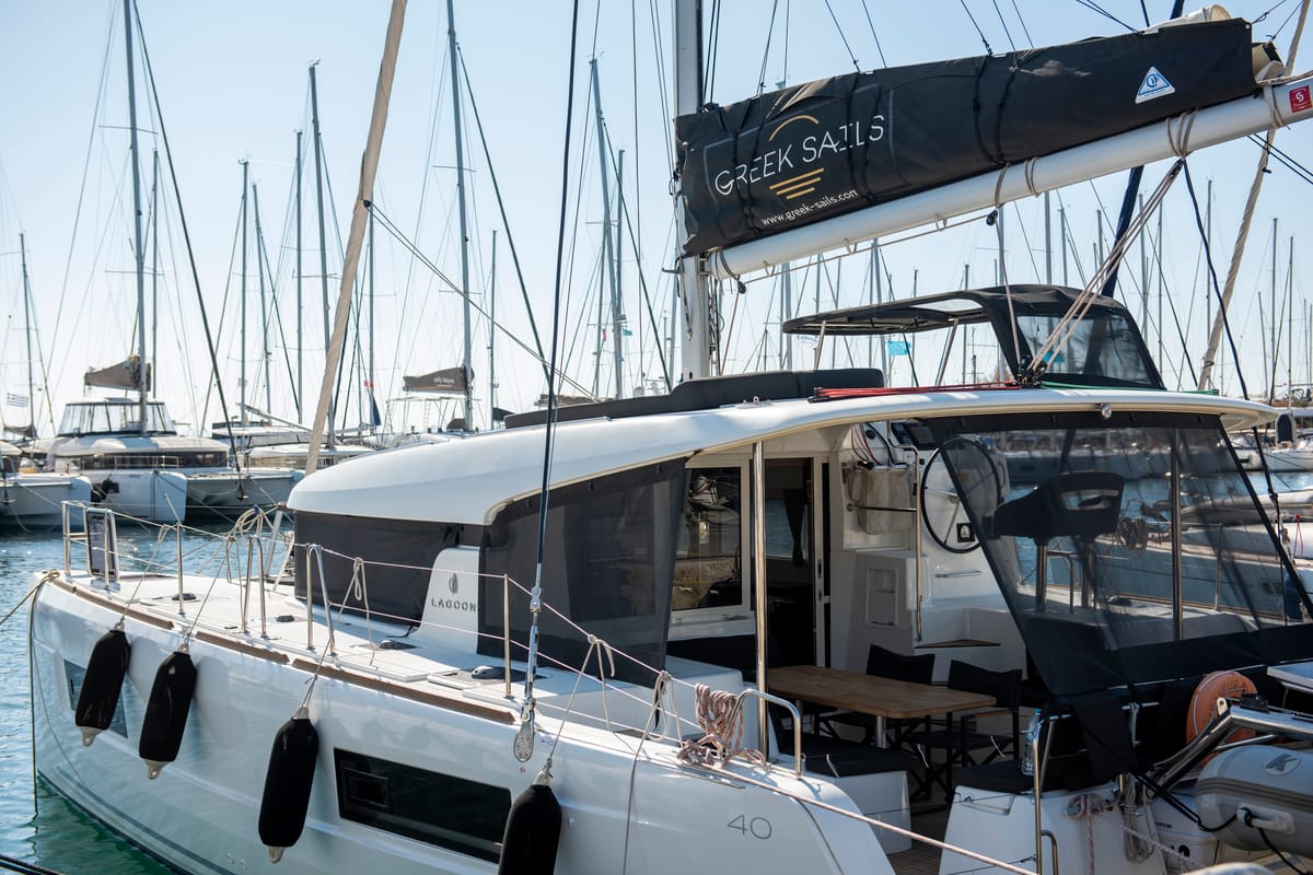 Exterior view of L'Avventura, a Lagoon 40 catamaran at Athens, Greece