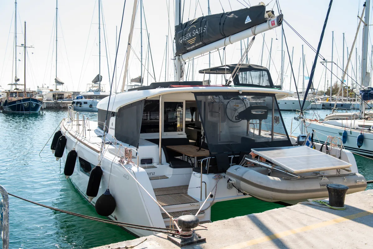 Exterior view of L'Avventura, a Lagoon 40 catamaran at Athens, Greece