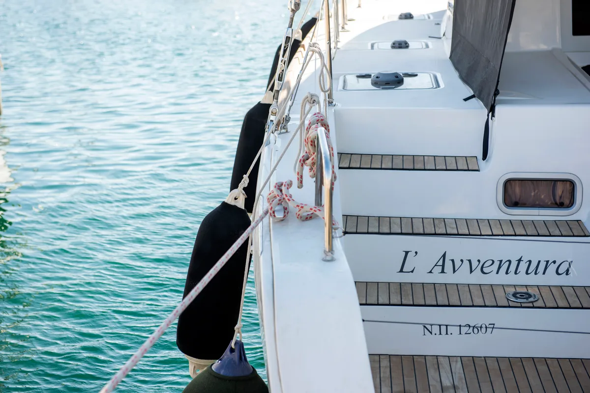 Exterior view of L'Avventura, a Lagoon 40 catamaran at Athens, Greece