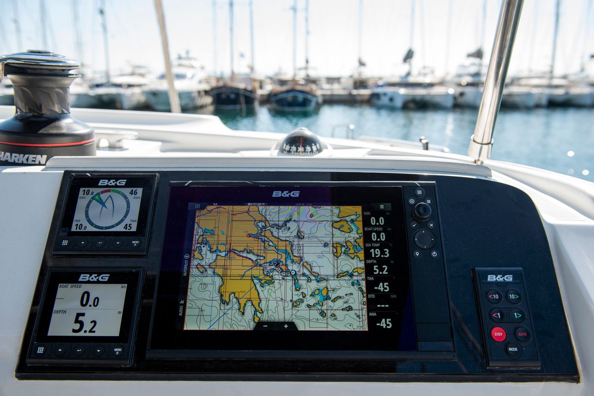 Cockpit of L'Avventura, a Lagoon 40 catamaran at Athens, Greece