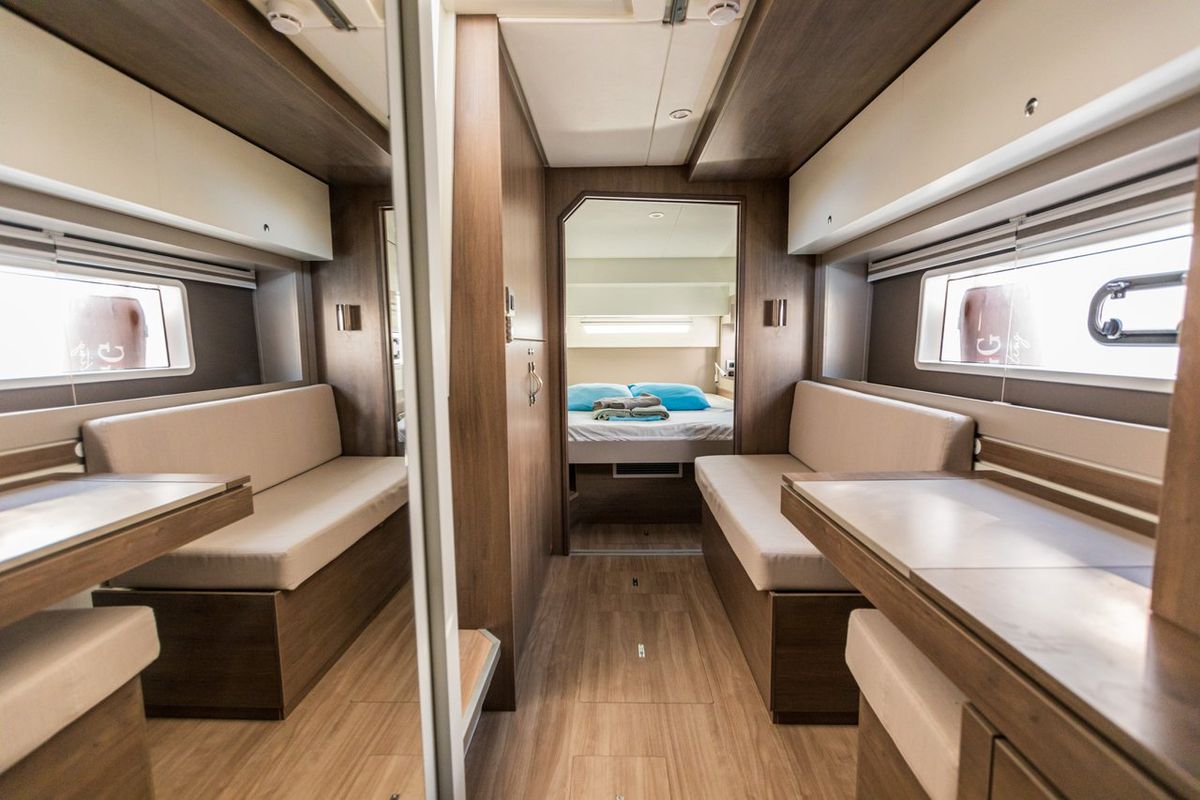 Salon of Elifcim, a Bali 4.2 OW catamaran at Fethiye, Turkey