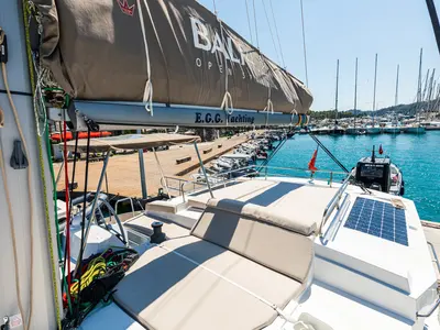 Deck of Elifcim, a Bali 4.2 OW catamaran at Fethiye, Turkey