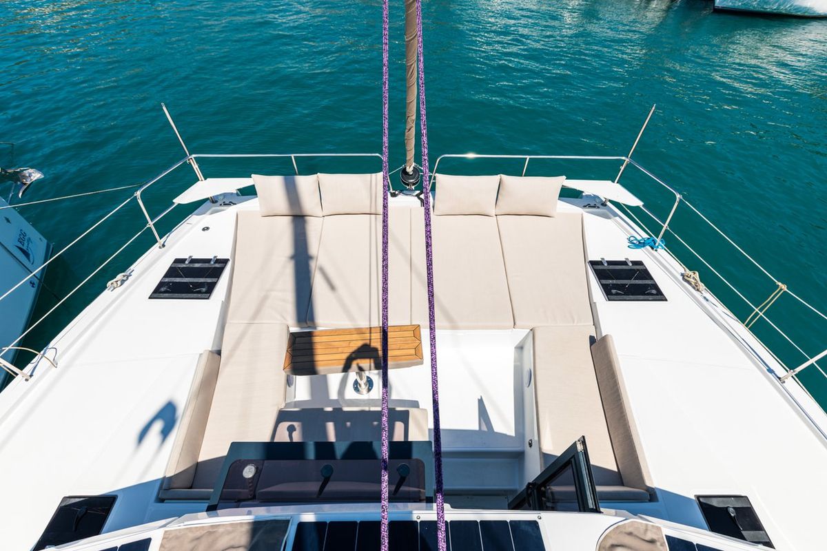 Deck of Elifcim, a Bali 4.2 OW catamaran at Fethiye, Turkey