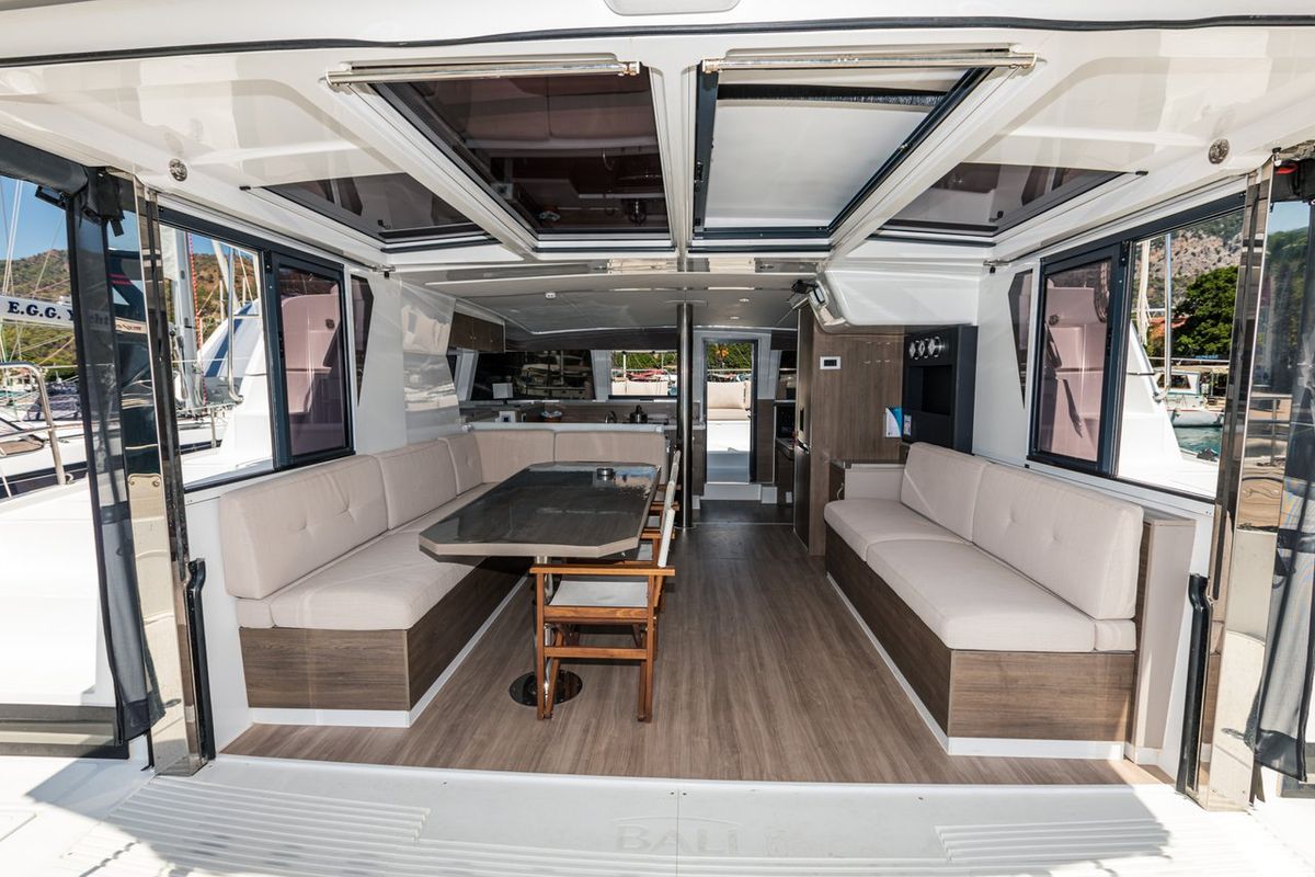 Salon of Elifcim, a Bali 4.2 OW catamaran at Fethiye, Turkey