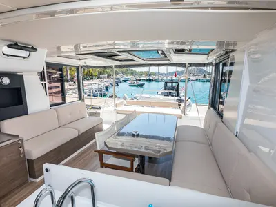 Salon of Elifcim, a Bali 4.2 OW catamaran at Fethiye, Turkey