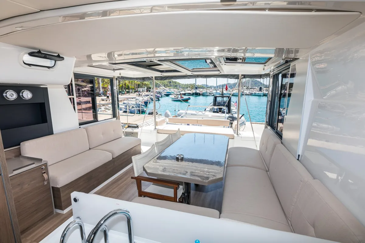 Salon of Elifcim, a Bali 4.2 OW catamaran at Fethiye, Turkey