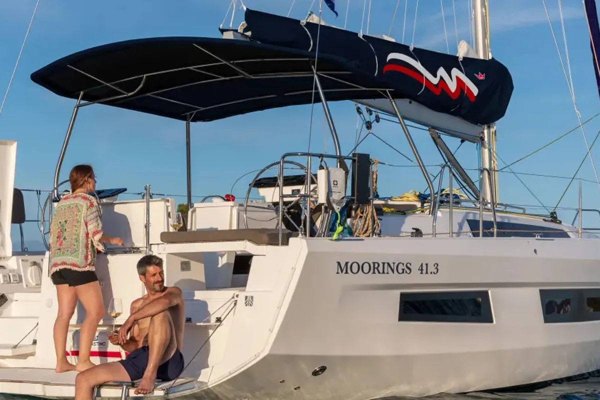 Deck of Moorings 41.3 Exclusive Plus, a Dufour 41 sailboat at Piraeus, Greece