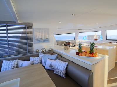 Salon of New Horizons 3, a Bali 5.4 catamaran at Athens, Greece