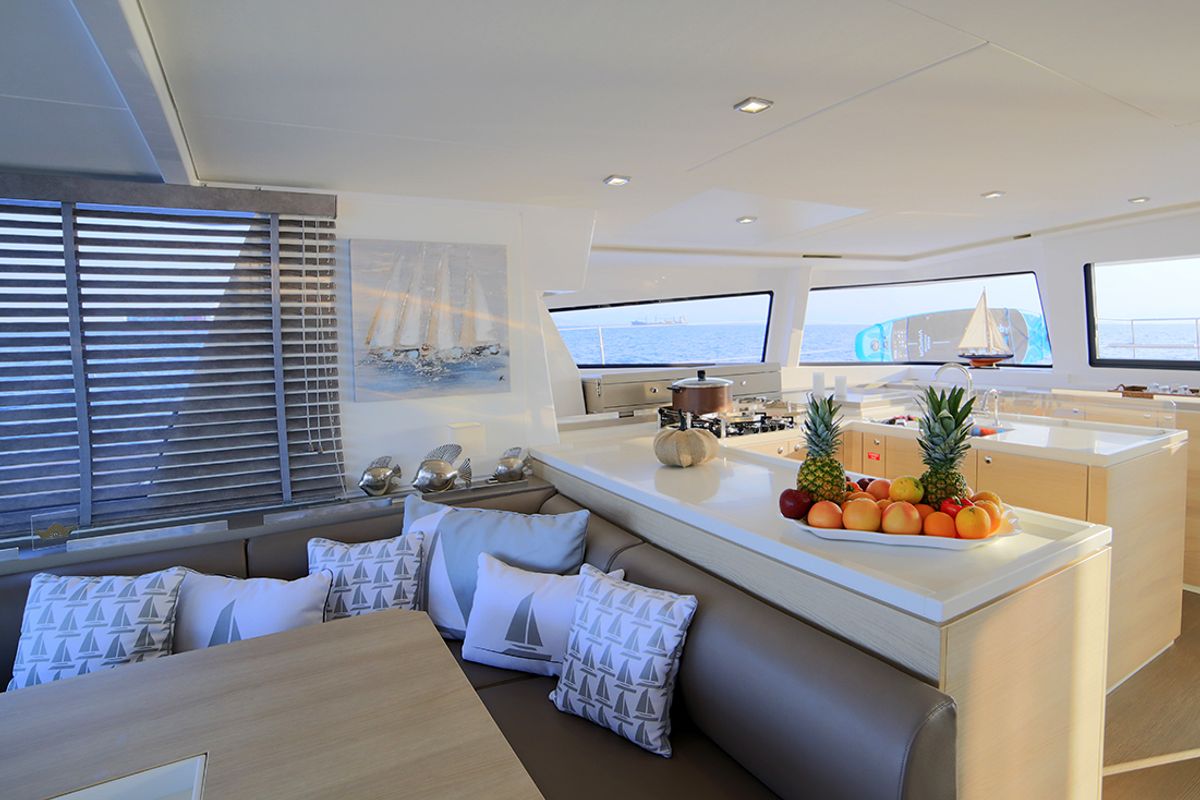 Salon of New Horizons 3, a Bali 5.4 catamaran at Athens, Greece