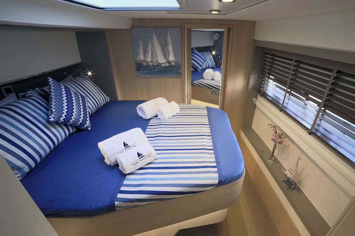 Cabin on New Horizons 3, a Bali 5.4 catamaran at Athens, Greece