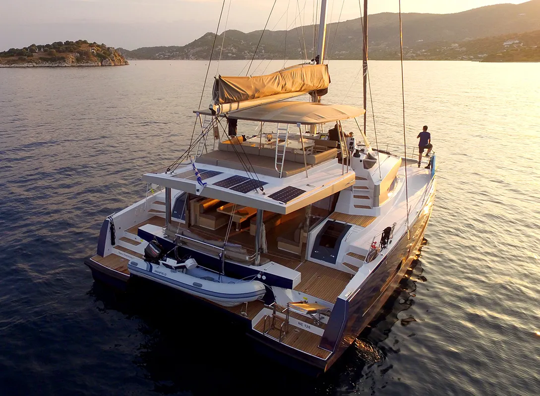 Exterior view of New Horizons 3, a Bali 5.4 catamaran at Athens, Greece