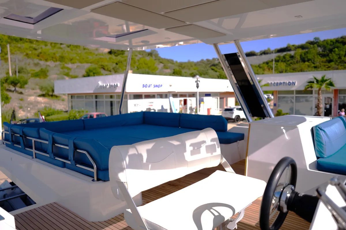 Cockpit of Abuzz, a Cervetti 44 Power catamaran at Primošten, Croatia