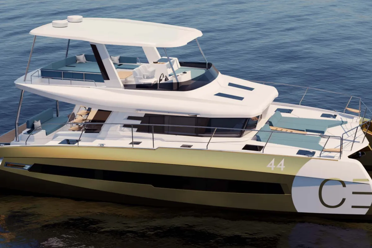 Exterior view of Abuzz, a Cervetti 44 Power catamaran at Primošten, Croatia