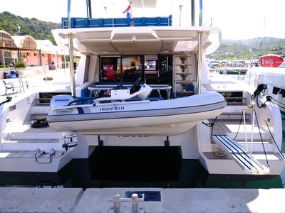 Deck of Abuzz, a Cervetti 44 Power catamaran at Primošten, Croatia