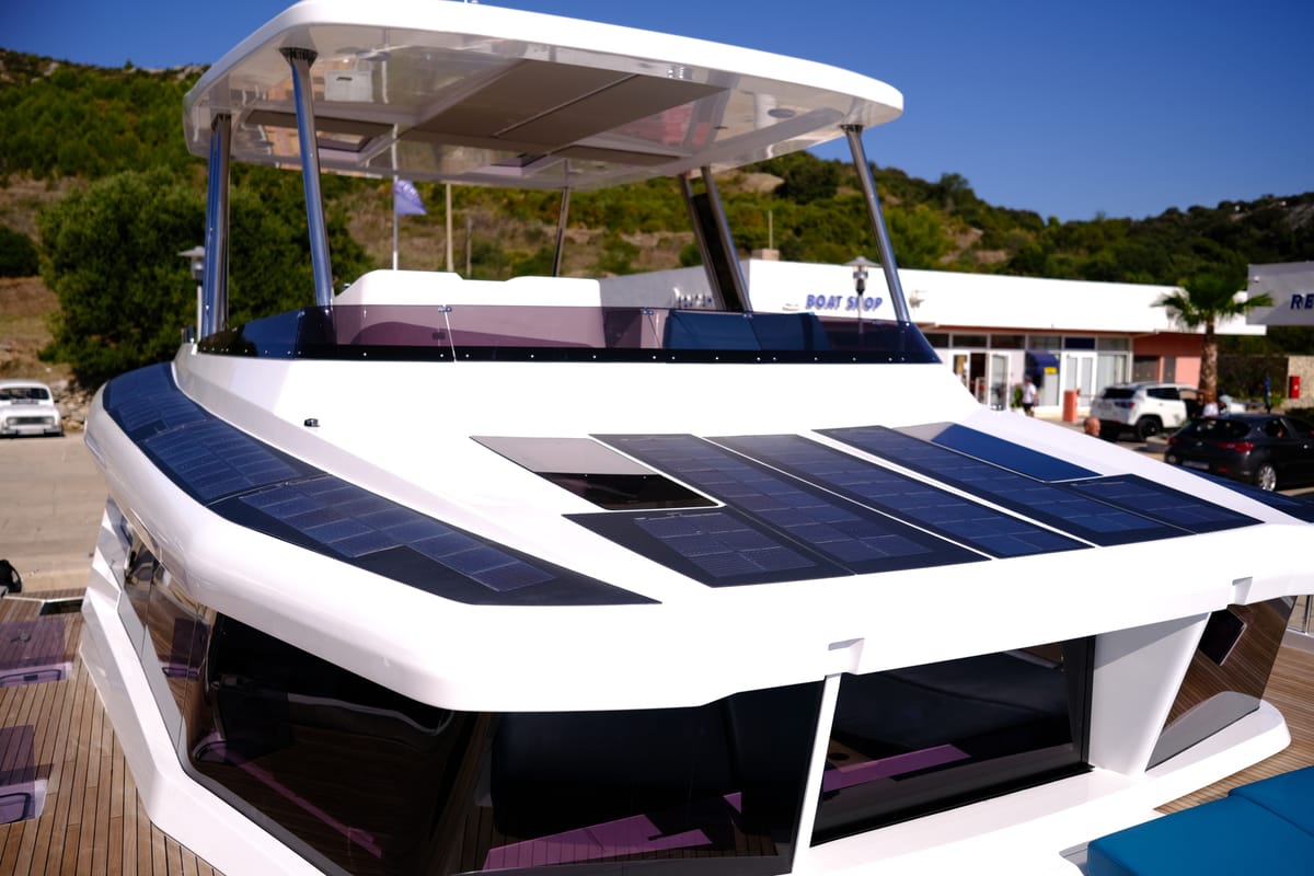 Deck of Abuzz, a Cervetti 44 Power catamaran at Primošten, Croatia