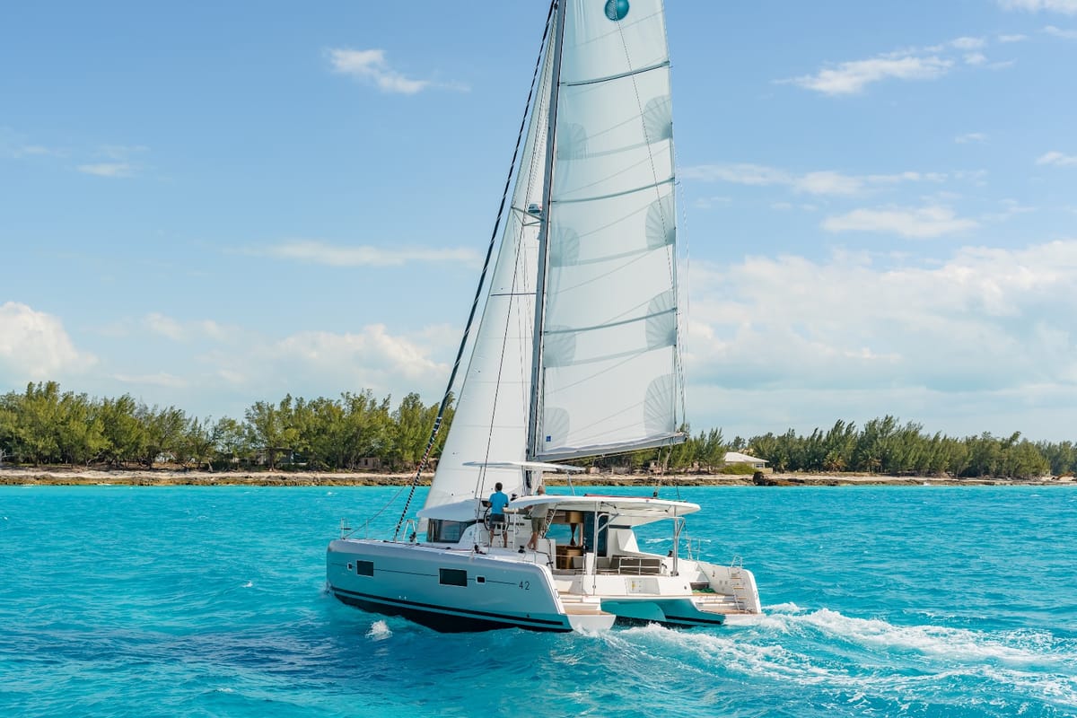 Exterior view of Pronto Angel, a Lagoon 42 catamaran at Fethiye, Turkey