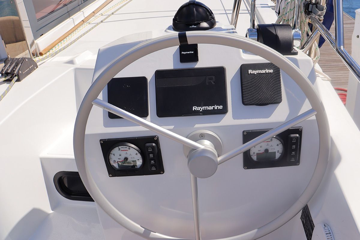Cockpit of Tehani_X, a Bali Catsmart catamaran at Road Town, British Virgin Islands