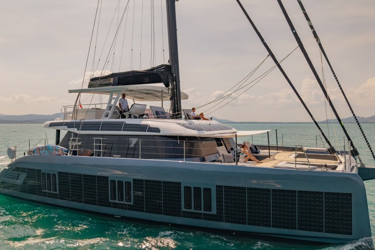 Exterior view of E-Motion, a Sunreef Yachts Sunreef 60 E catamaran at Ko Kaeo, Thailand