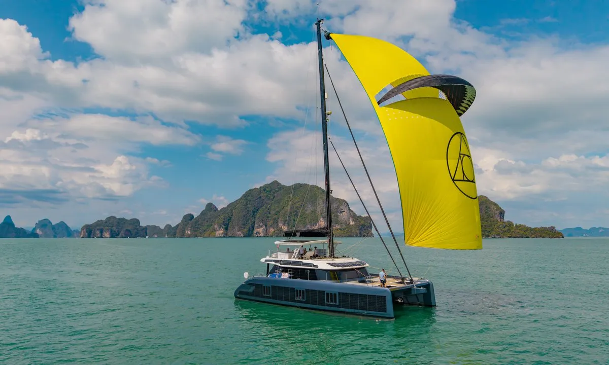 Exterior view of E-Motion, a Sunreef Yachts Sunreef 60 E catamaran at Ko Kaeo, Thailand