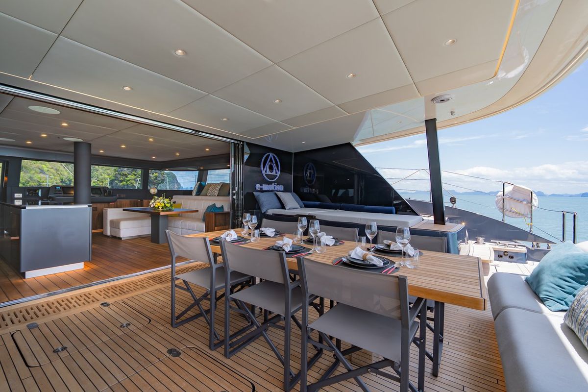 Deck of E-Motion, a Sunreef Yachts Sunreef 60 E catamaran at Ko Kaeo, Thailand