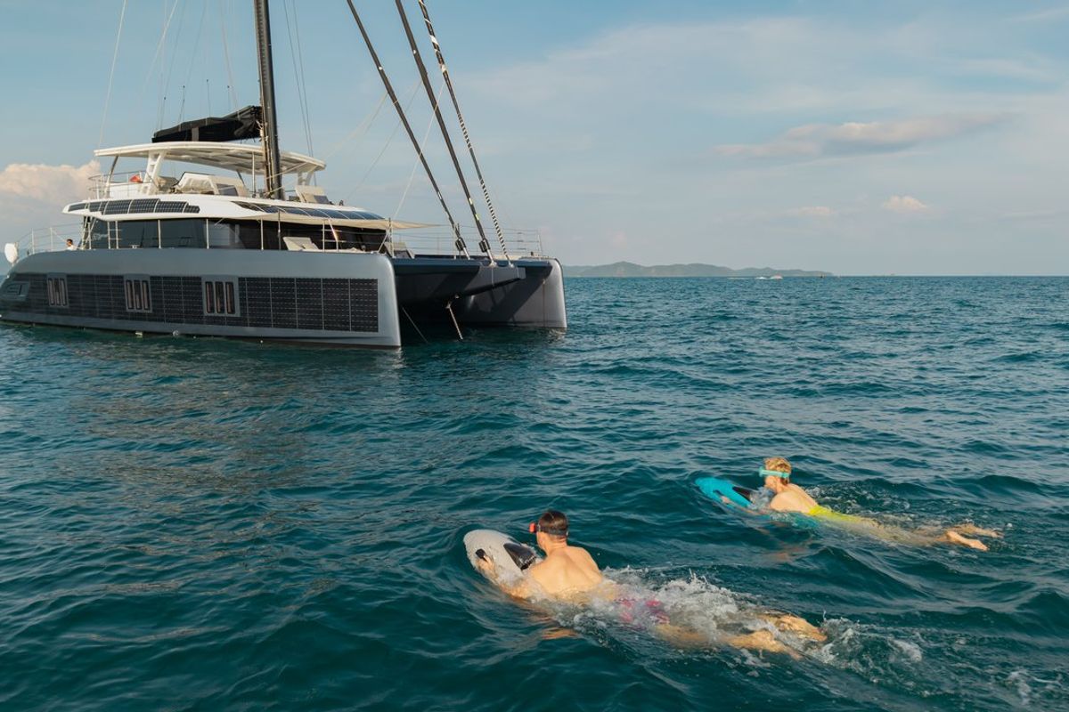 Exterior view of E-Motion, a Sunreef Yachts Sunreef 60 E catamaran at Ko Kaeo, Thailand