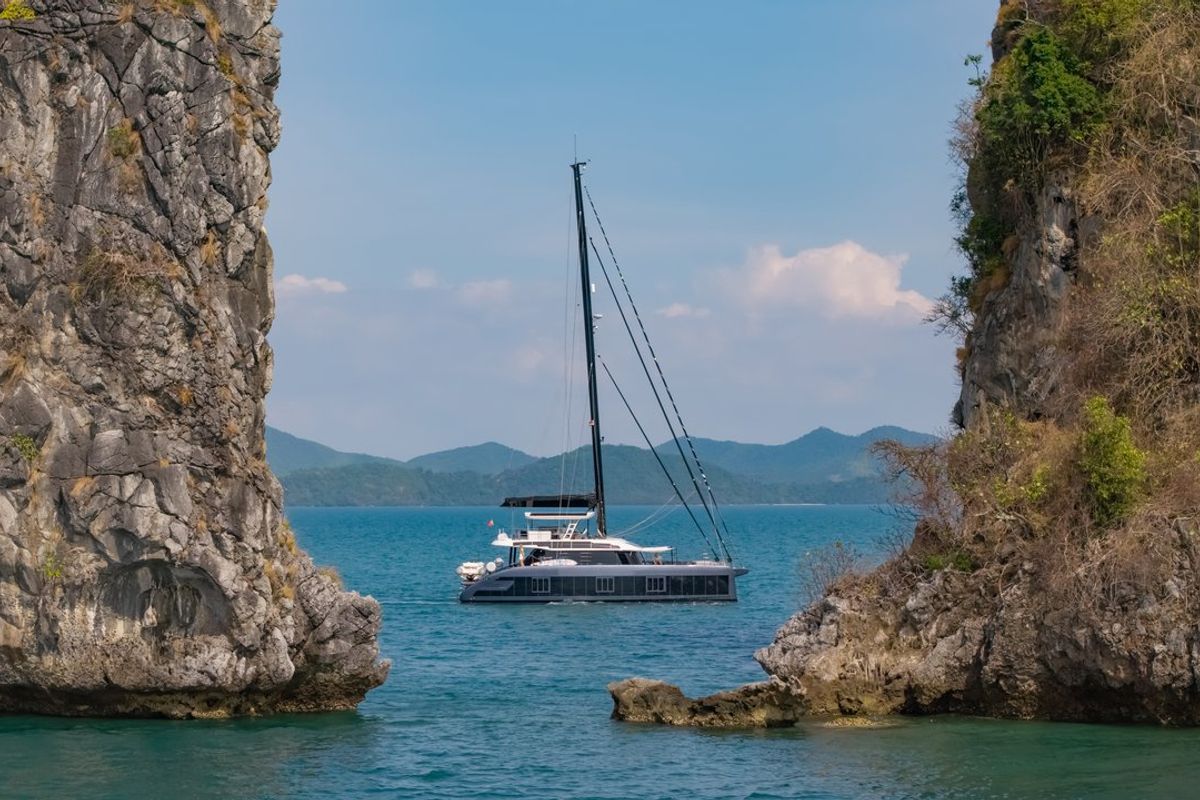Exterior view of E-Motion, a Sunreef Yachts Sunreef 60 E catamaran at Ko Kaeo, Thailand