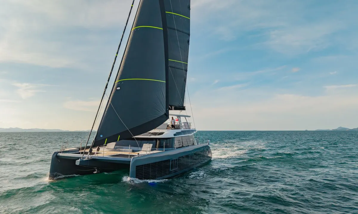 Exterior view of E-Motion, a Sunreef Yachts Sunreef 60 E catamaran at Ko Kaeo, Thailand