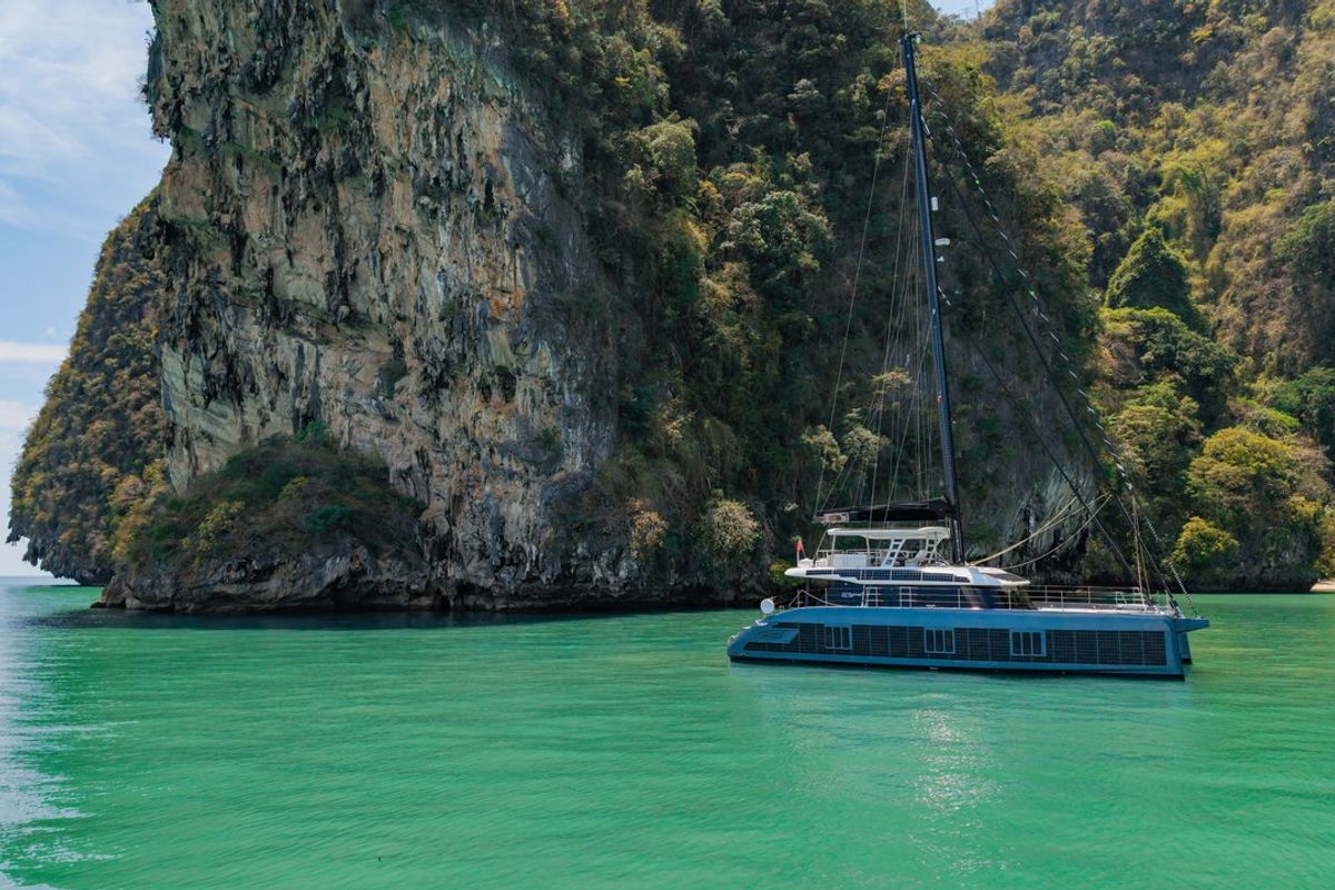 Exterior view of E-Motion, a Sunreef Yachts Sunreef 60 E catamaran at Ko Kaeo, Thailand