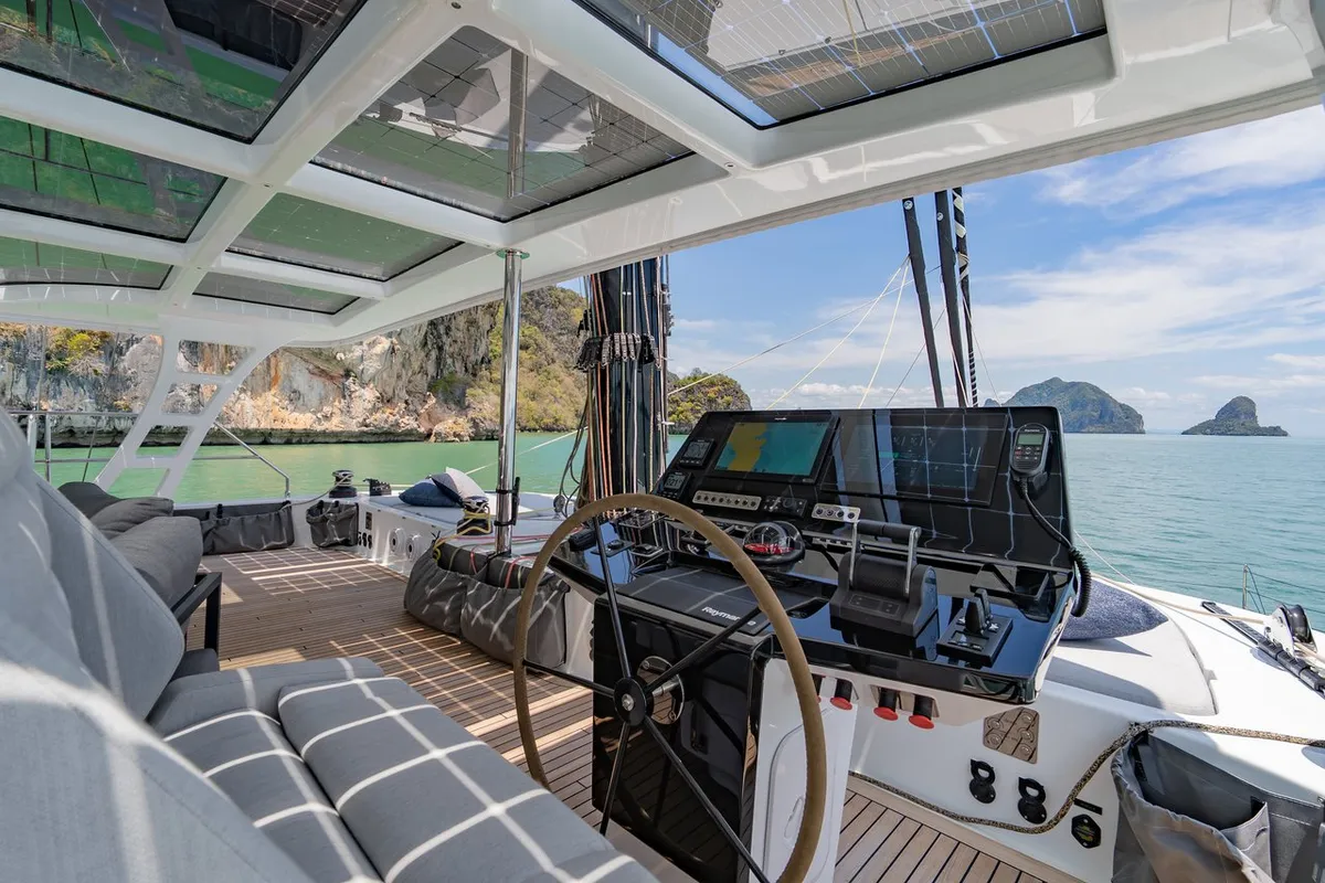 Cockpit of E-Motion, a Sunreef Yachts Sunreef 60 E catamaran at Ko Kaeo, Thailand