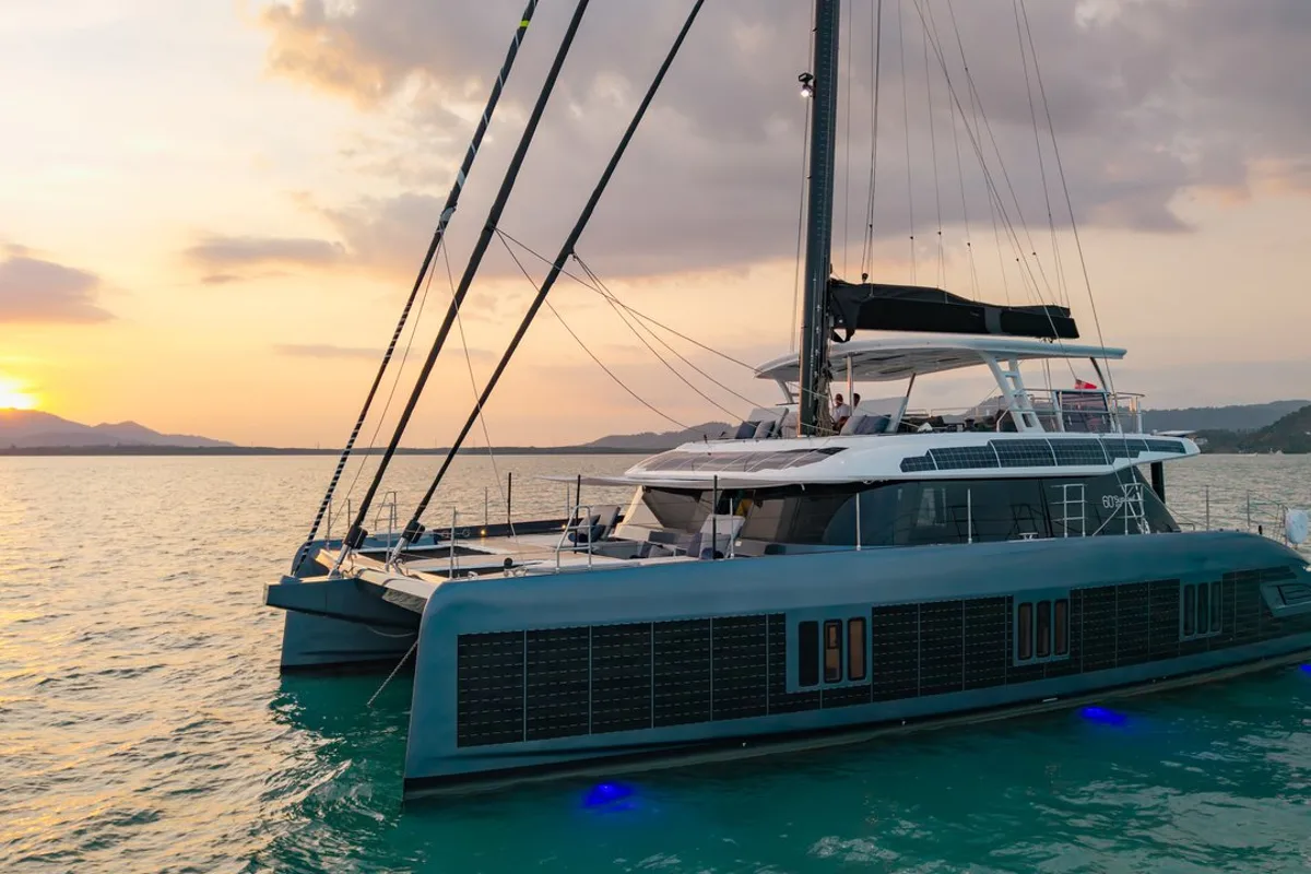 Exterior view of E-Motion, a Sunreef Yachts Sunreef 60 E catamaran at Ko Kaeo, Thailand