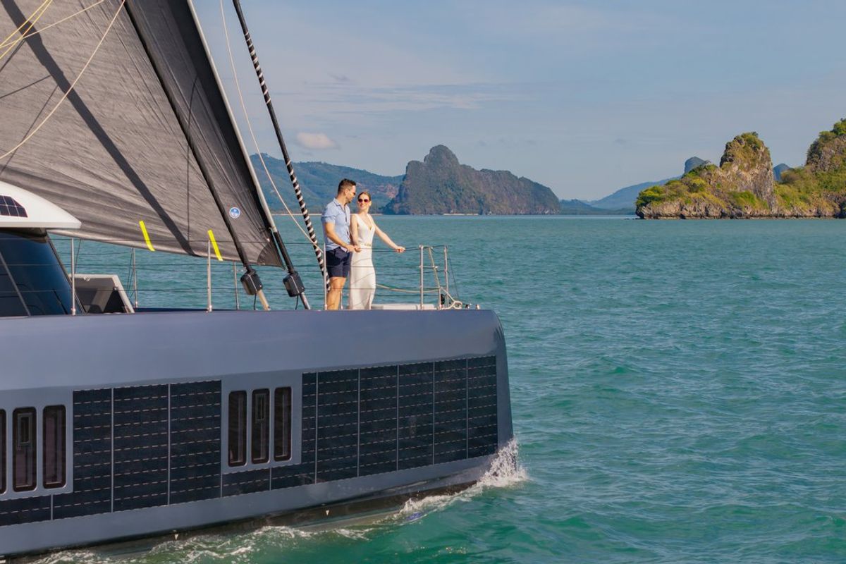 Exterior view of E-Motion, a Sunreef Yachts Sunreef 60 E catamaran at Ko Kaeo, Thailand
