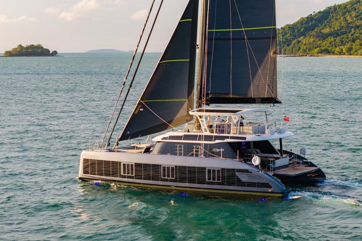 Exterior view of E-Motion, a Sunreef Yachts Sunreef 60 E catamaran at Ko Kaeo, Thailand