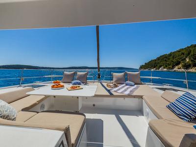 Deck of AURA, a Bali 4.8 catamaran at Municipal Unit of Nea Peramos, Greece