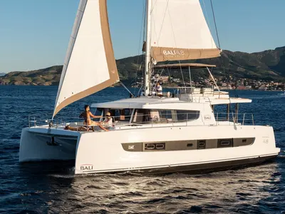 Exterior view of AURA, a Bali 4.8 catamaran at Municipal Unit of Nea Peramos, Greece