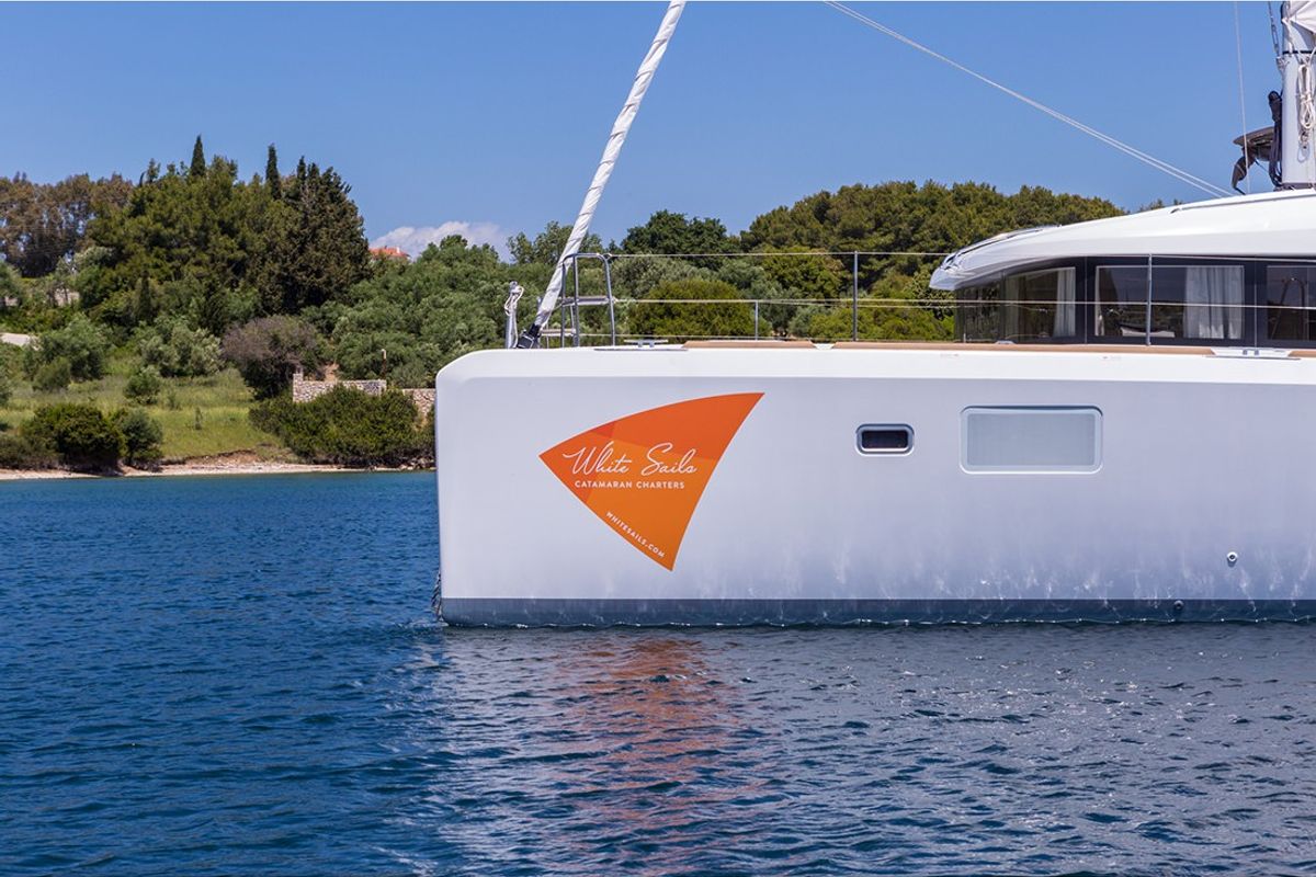 Exterior view of Lost Cat, a Lagoon 39 catamaran at Preveza, Greece