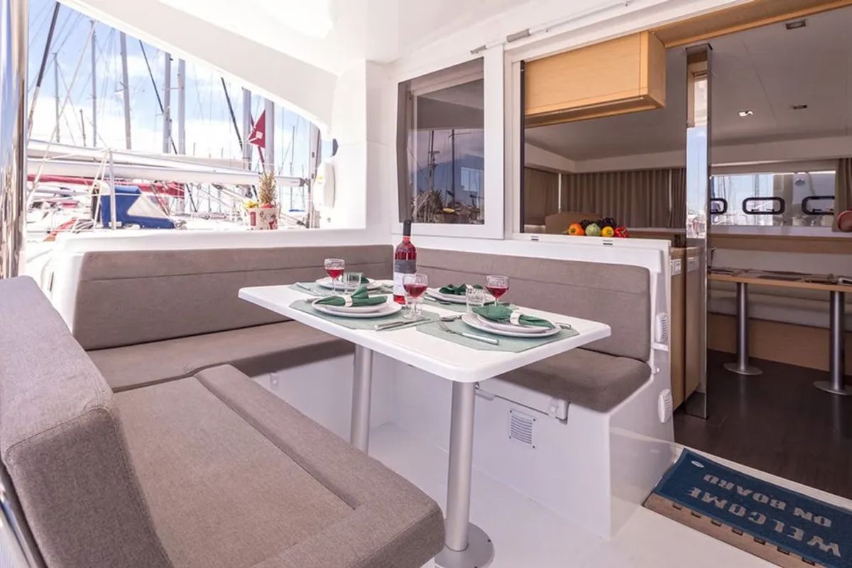 Deck of Lost Cat, a Lagoon 39 catamaran at Preveza, Greece