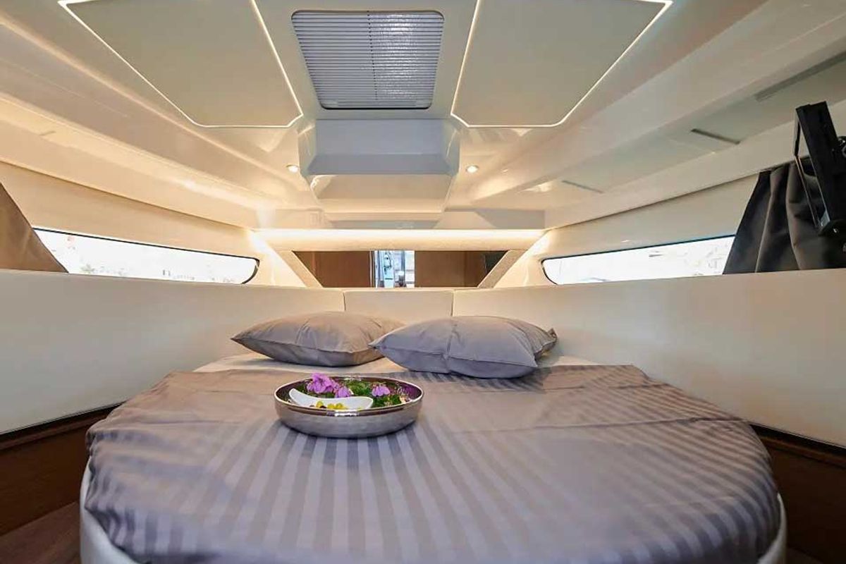 Cabin on Merry Fisher 1095 Fly, a Jeanneau Merry Fisher 1095 Fly motorboat at Grad Trogir, Croatia